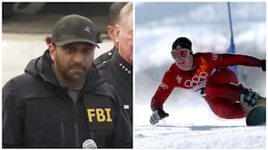 A split image of Kash Patel, left, and Ryan Wedding in the Olympics in 2002, right.