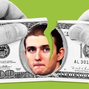 illo illustration of Barron Trump on a $100 bill being ripped in half