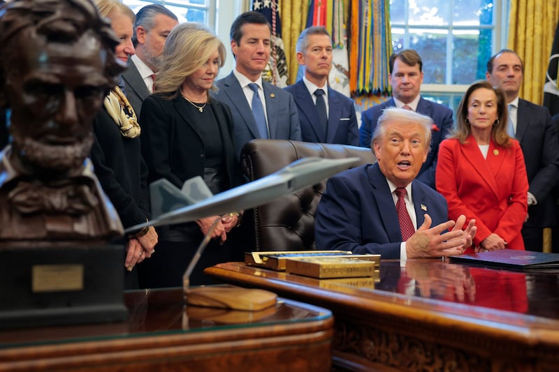 U.S. President Donald Trump  makes an announcement on changes to the country's fuel economy standards in the Oval Office at the White House on December 03, 2025 in Washington, DC.