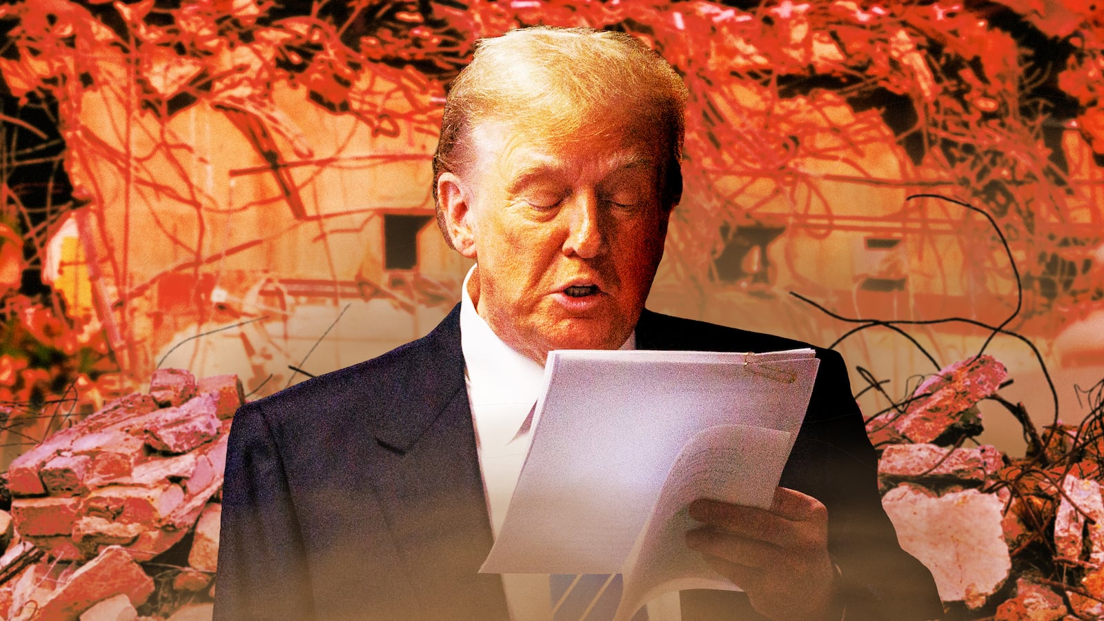 A photo illustration of President Donald Trump reading a letter in front of rubble.