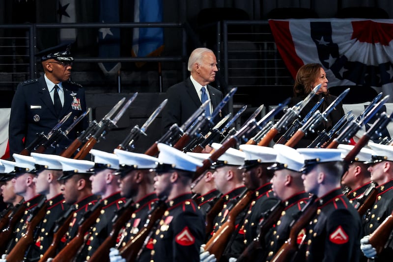 U.S. President Joe Biden, Vice President Kamala Harris and Chairman of the U.S. Joint Chiefs of Staff Charles Q. Brown Jr. attend a Department of Defense Commander in Chief farewell ceremony, at Joint Base Myers-Henderson Hall in Fort Myer, Virginia, U.S., January 16, 2025. REUTERS/Evelyn Hockstein