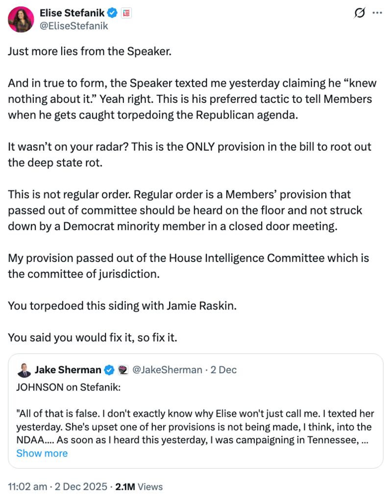 Elise Stefanik tweet about Mike Johnson