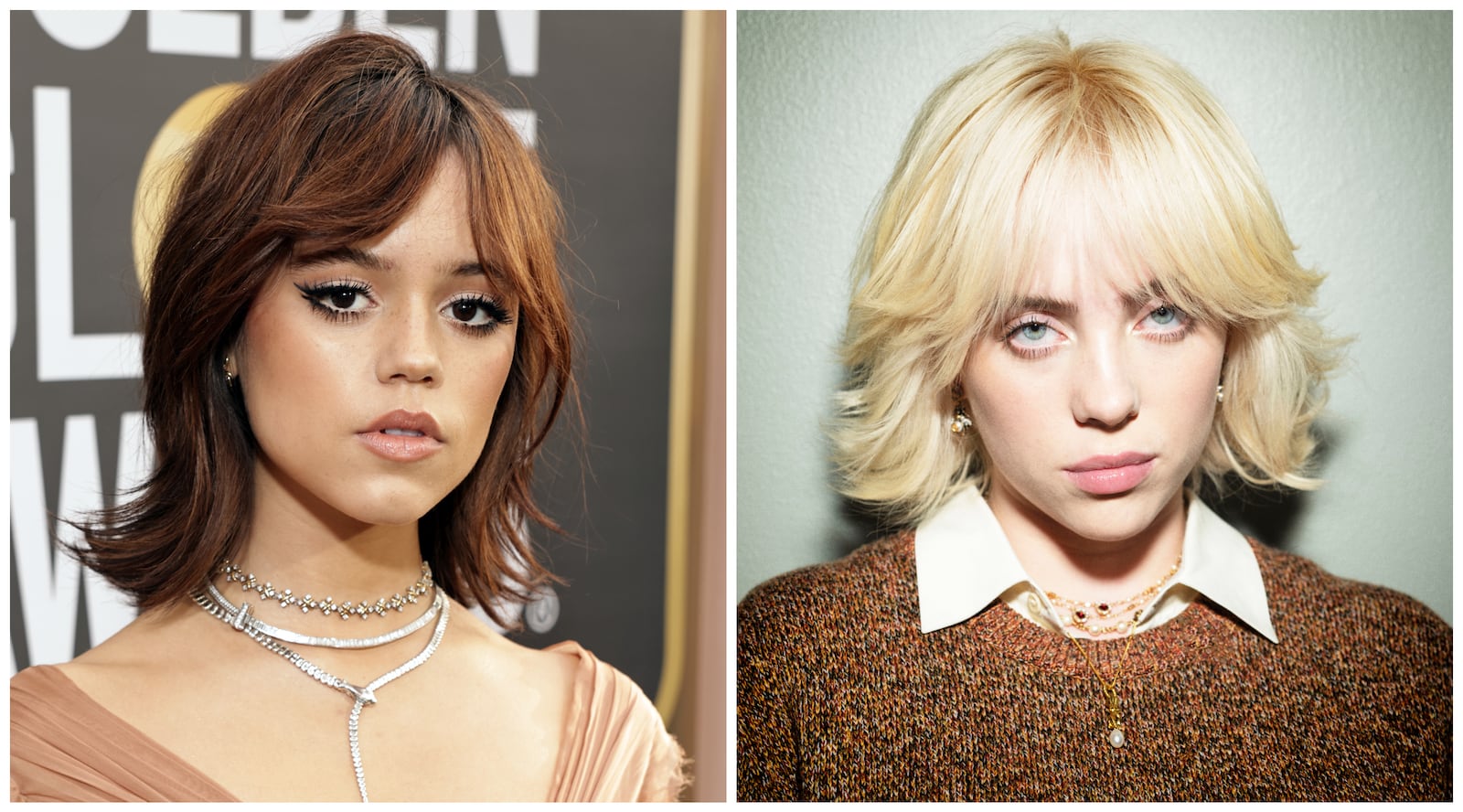 Shoulder-length shags with bangs, as seen on actress Jenna Ortega (L) and musical artist Billie Eilish.