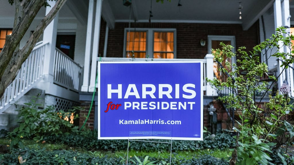 A campaign poster supporting Democratic Party presidential candidate Kamala Harris.