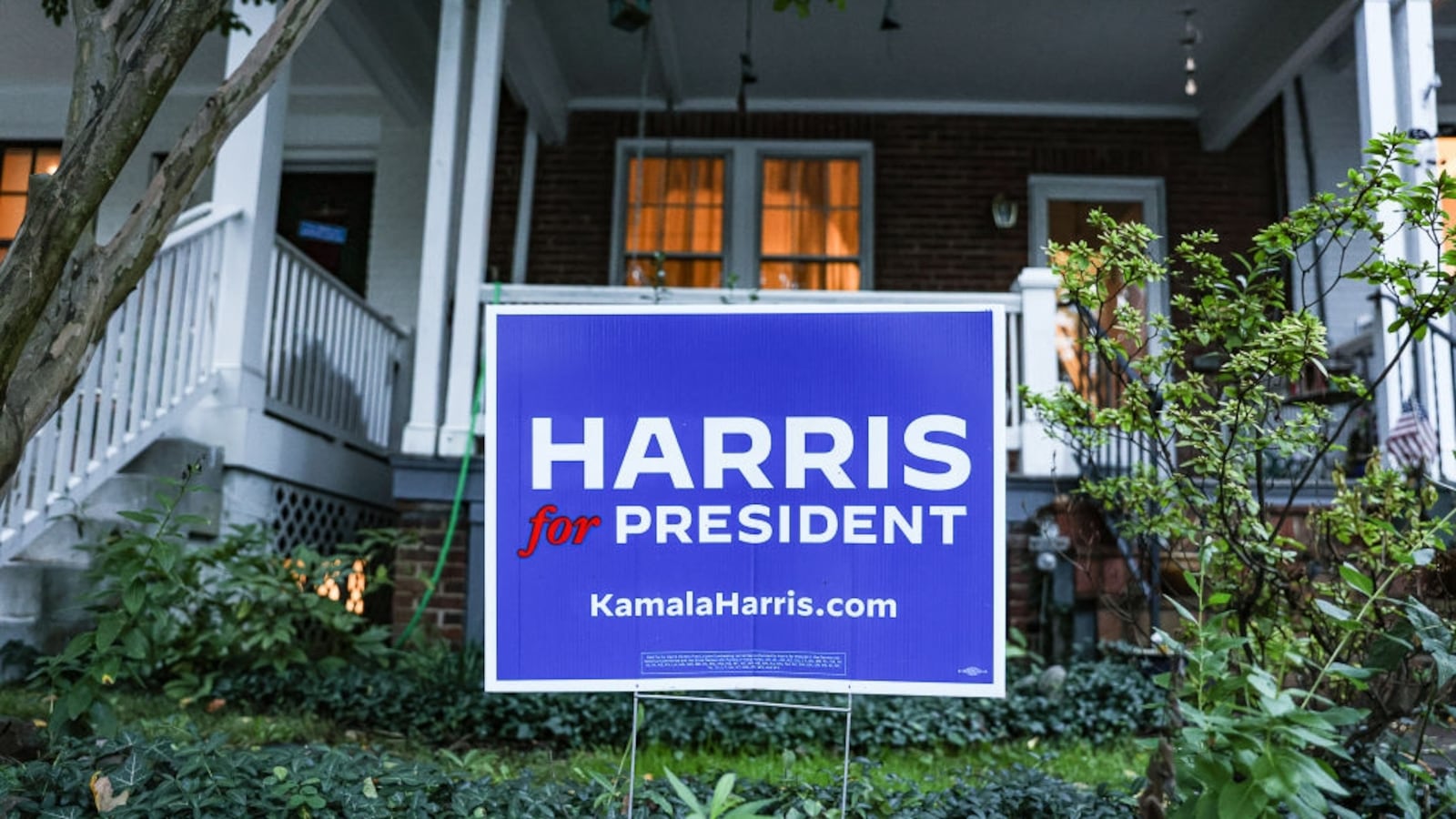 A campaign poster supporting Democratic Party presidential candidate Kamala Harris.