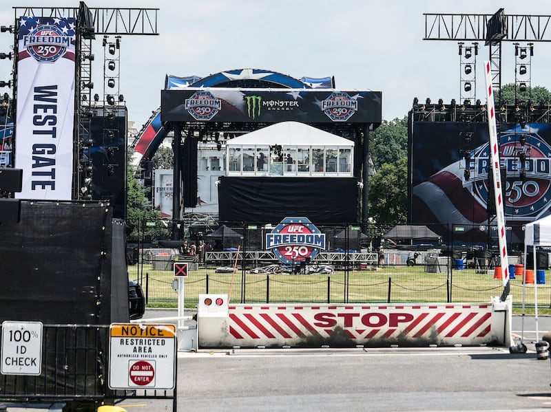 Monster Energy logo on stage for the UFC Freedom 250 event.