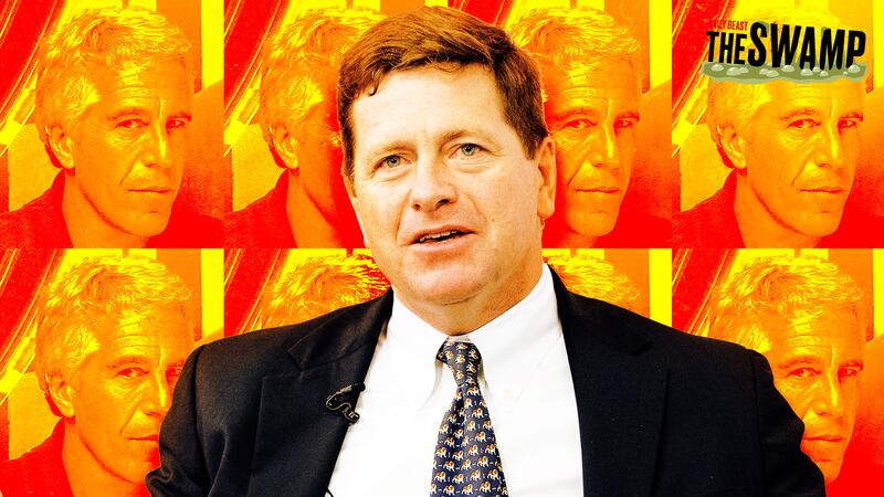 A photo illustration of Jay Clayton and a background of Jeffrey Epstein's face.