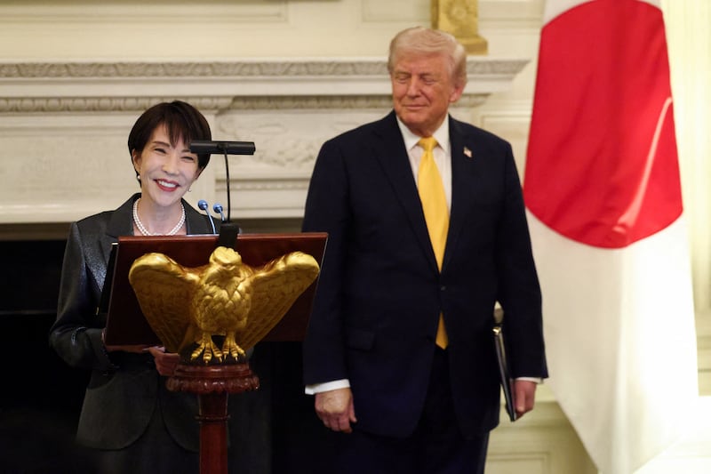 Japanese Prime Minister Sanae Takaichi delivers remarks during a dinner hosted by U.S. President Donald Trump at the White House in Washington, D.C., U.S., March 19, 2026.