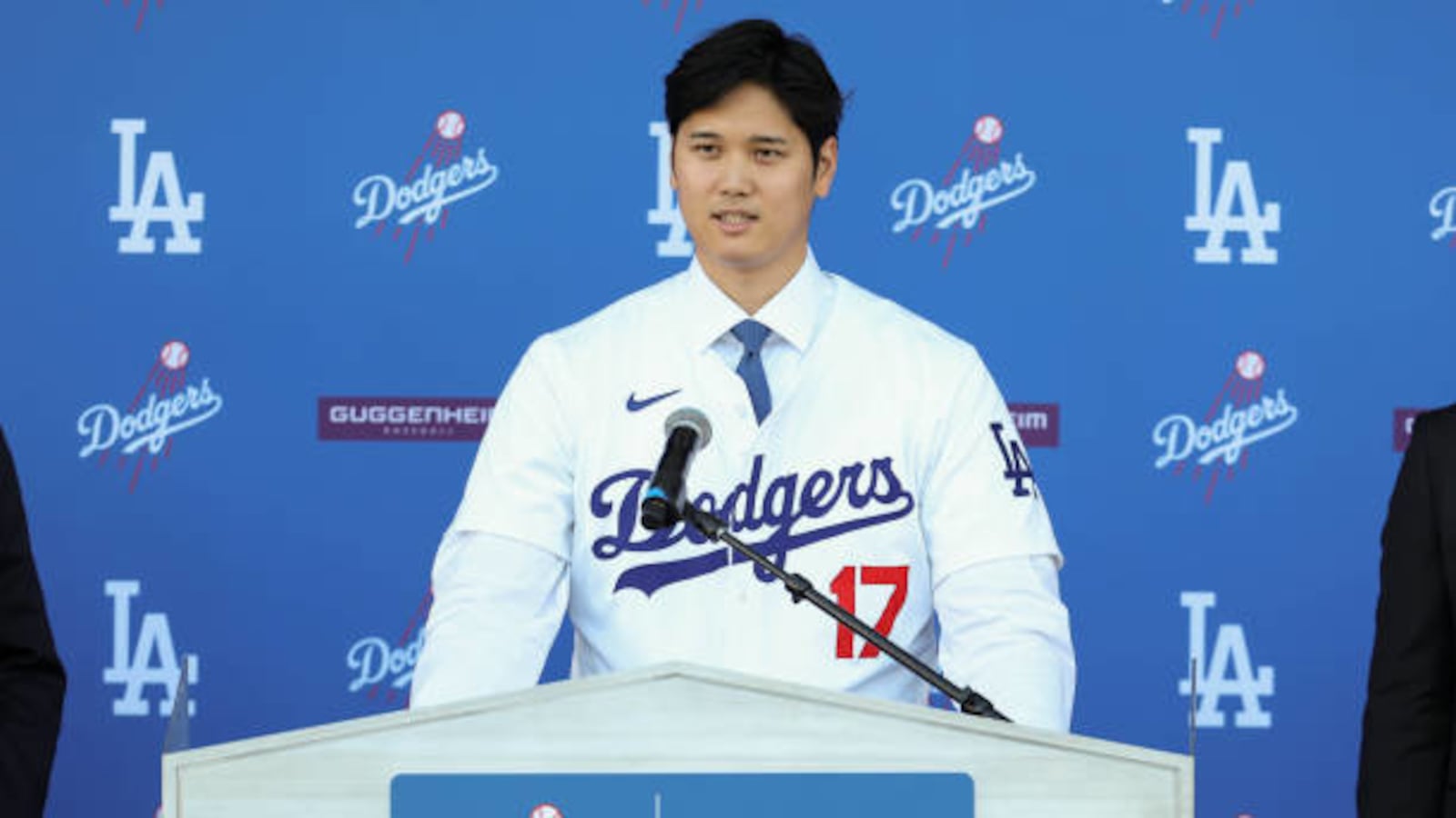 Shohei Ohtani speaks at a Los Angeles Dodgers Press Conference at Dodger Stadium on Thursday, December 14, in Los Angeles, CA.