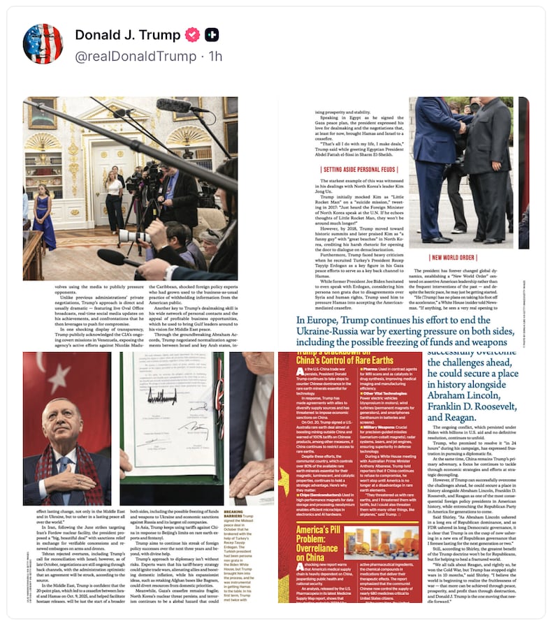 Donald Trump shares NewsMax magazine on Truth Social.