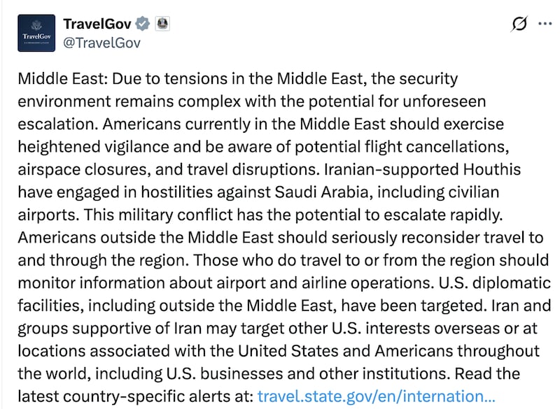 State Department advisory to Americans in the Middle East.