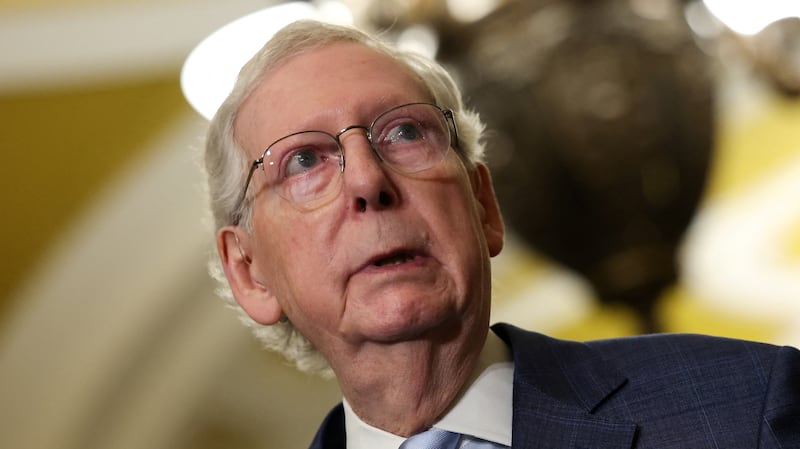 Then-Senate Minority Leader Mitch McConnell speaks during a press conference following the weekly Senate caucus luncheons on Capitol Hill in Washington, D.C. on April 9, 2024.