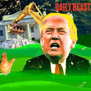 A photo illustration illo of Donald Trump for the Daily Beast podcast in a swampy white house reflecting pool.