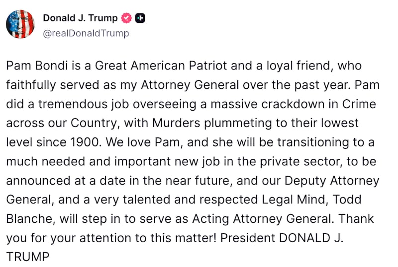 Trump Truth Social post firing Pam Bondi