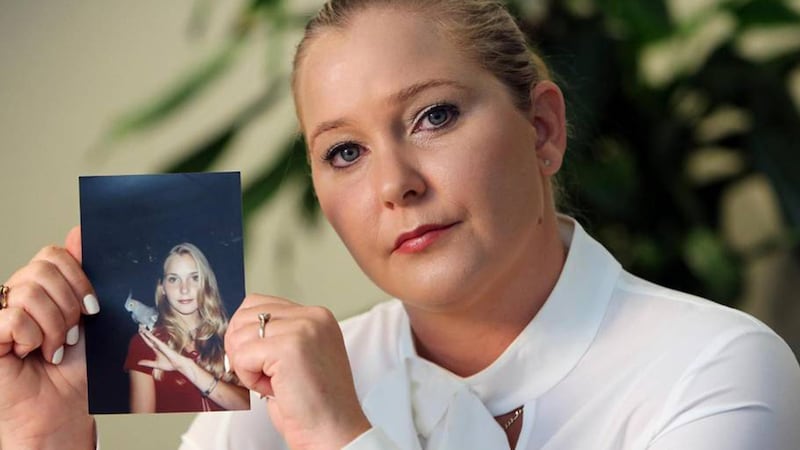 Virginia Giuffre, with a photo of herself as a teen