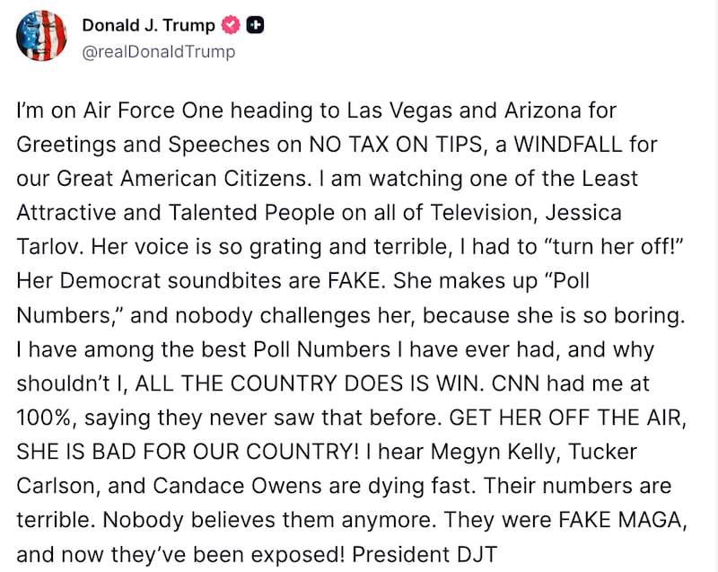 Trump's Truth Social post about Jessica Tarlov