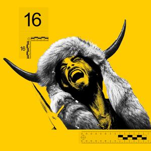 Photo illustration of Jacob Chansley, the QAnon Shaman, wearing his fur hat on a yellow background with evidence markers
