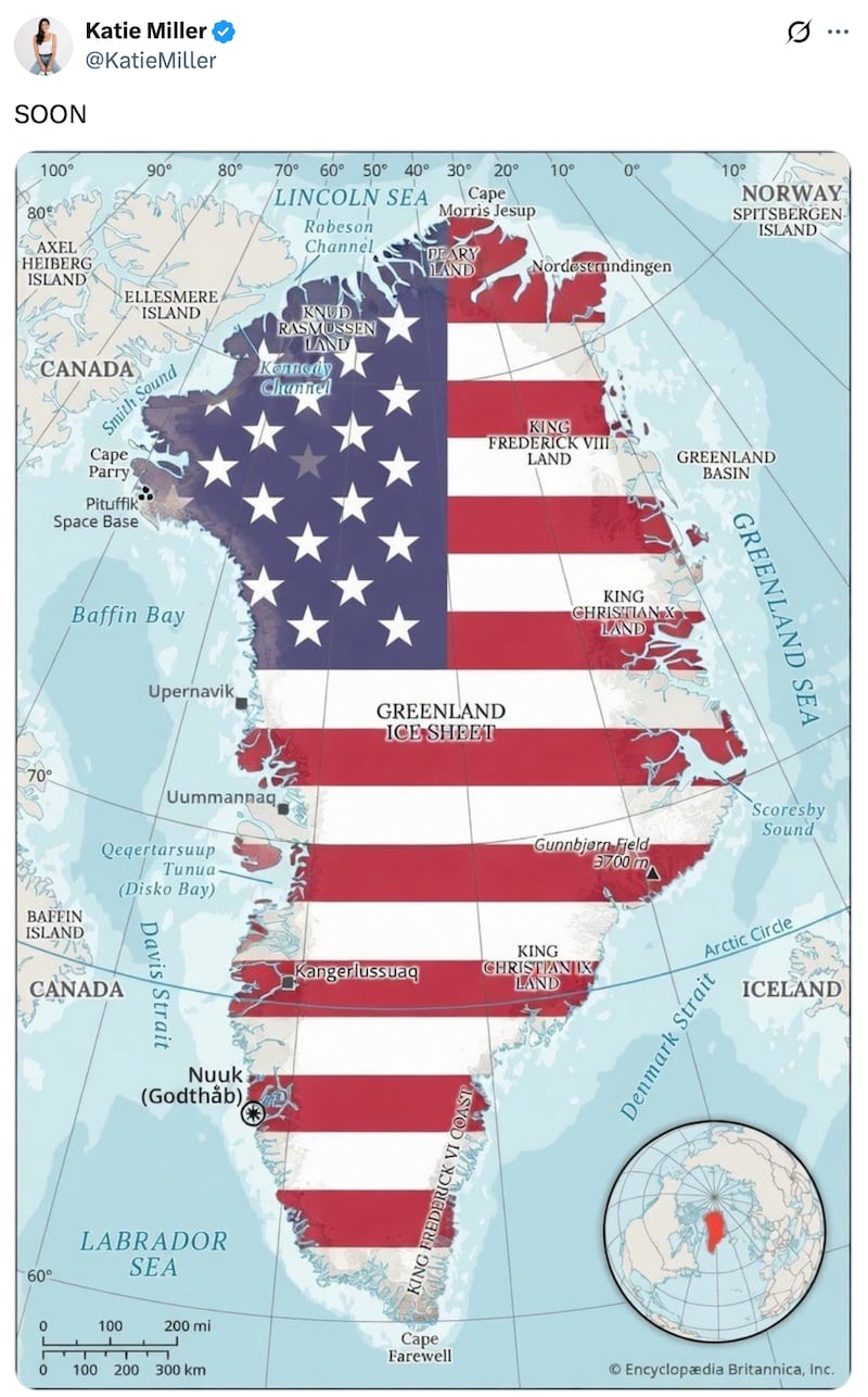 Katie Miller posts about the U.S. plans for Greenland on X.