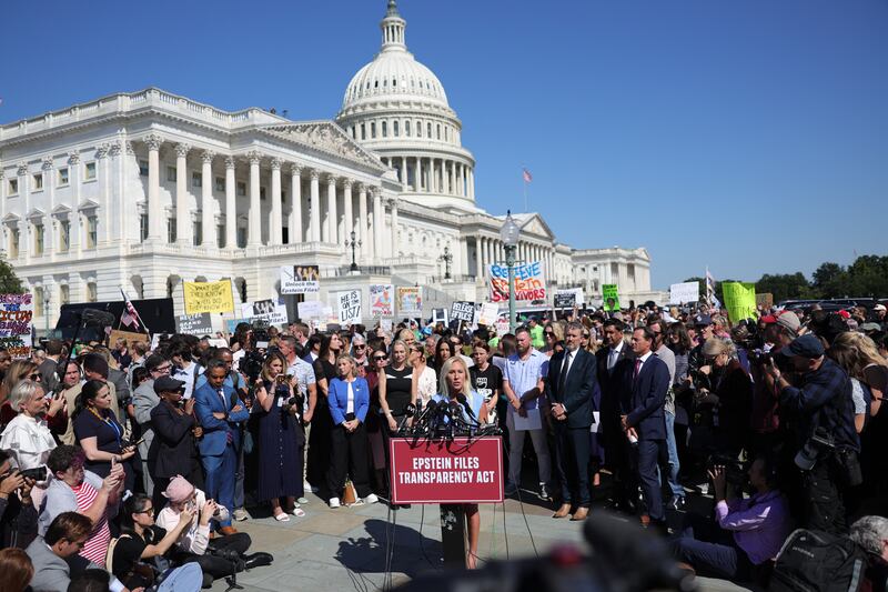 Representative Marjorie Taylor Greene speaks at a press conference at the U.S. Capitol in Washington, D.C. on September 3, 2025, announcing the Epstein Files Transparency Act, which calls for the release of all unclassified documents in the Jeffrey Epstein case.
