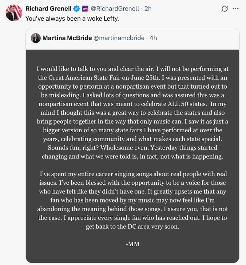 Richard Grenell claps back to Martina McBride.