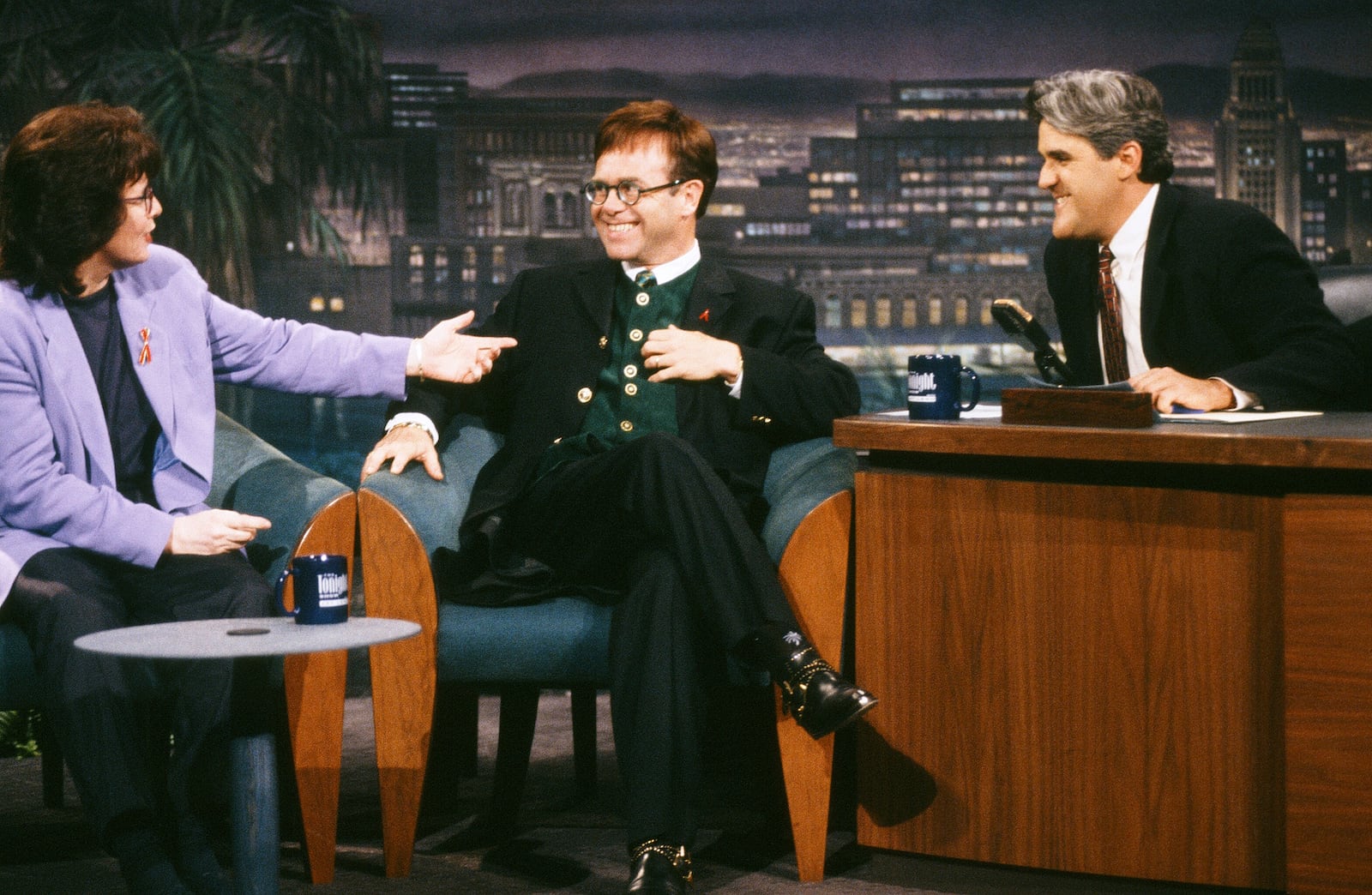 Tennis player Billie Jean King and musical guest Elton John during an interview with host Jay Leno on September 20, 1993.