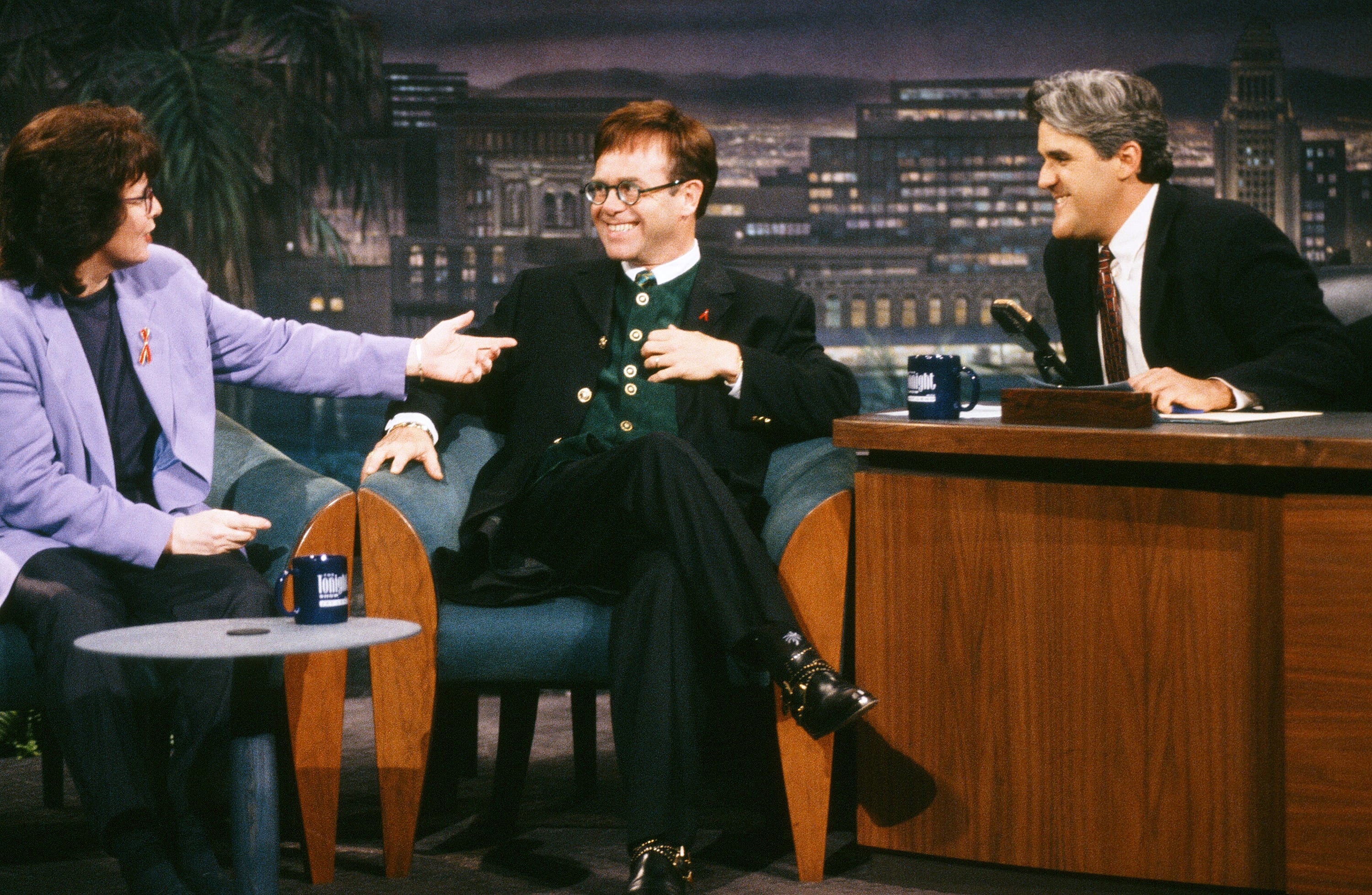 Tennis player Billie Jean King and musical guest Elton John during an interview with host Jay Leno on September 20, 1993.