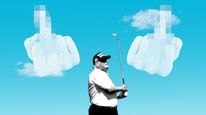 Trump golfing while passing clouds flip him off.