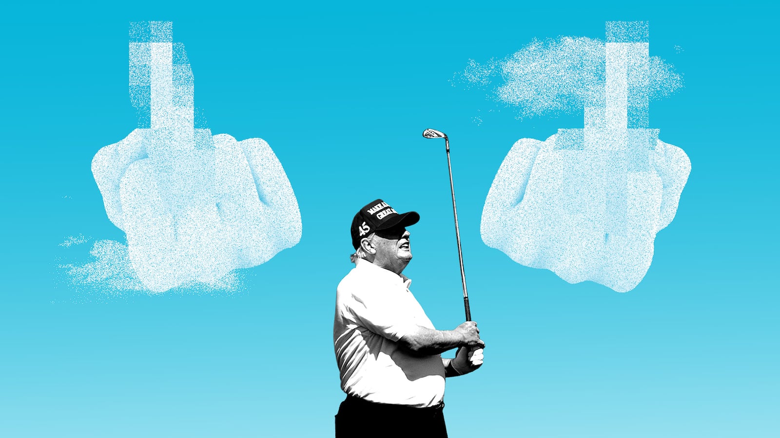 Trump golfing while passing clouds flip him off.