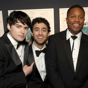 SNL50: THE RED CARPET -- Pictured: (l-r) Jay Pharoah, Will Forte, Michael Longfellow, Emil Wakim, Devon Walker, Mikey Day, Kyle Mooney and Kenan Thompson on Sunday, February 16, 2025 --   (Photo by NBC/Kevin Mazur/NBC via Getty Images)