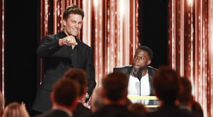INGLEWOOD, CALIFORNIA - MAY 05: (L-R) Tom Brady and Kevin Hart speak onstage during G.R.O.A.T The Greatest Roast Of All Time: Tom Brady for the Netflix is a Joke Festival at The Kia Forum on May 05, 2024, in Inglewood, California.  (Photo by Matt Winkelmeyer/Getty Images for Netflix)