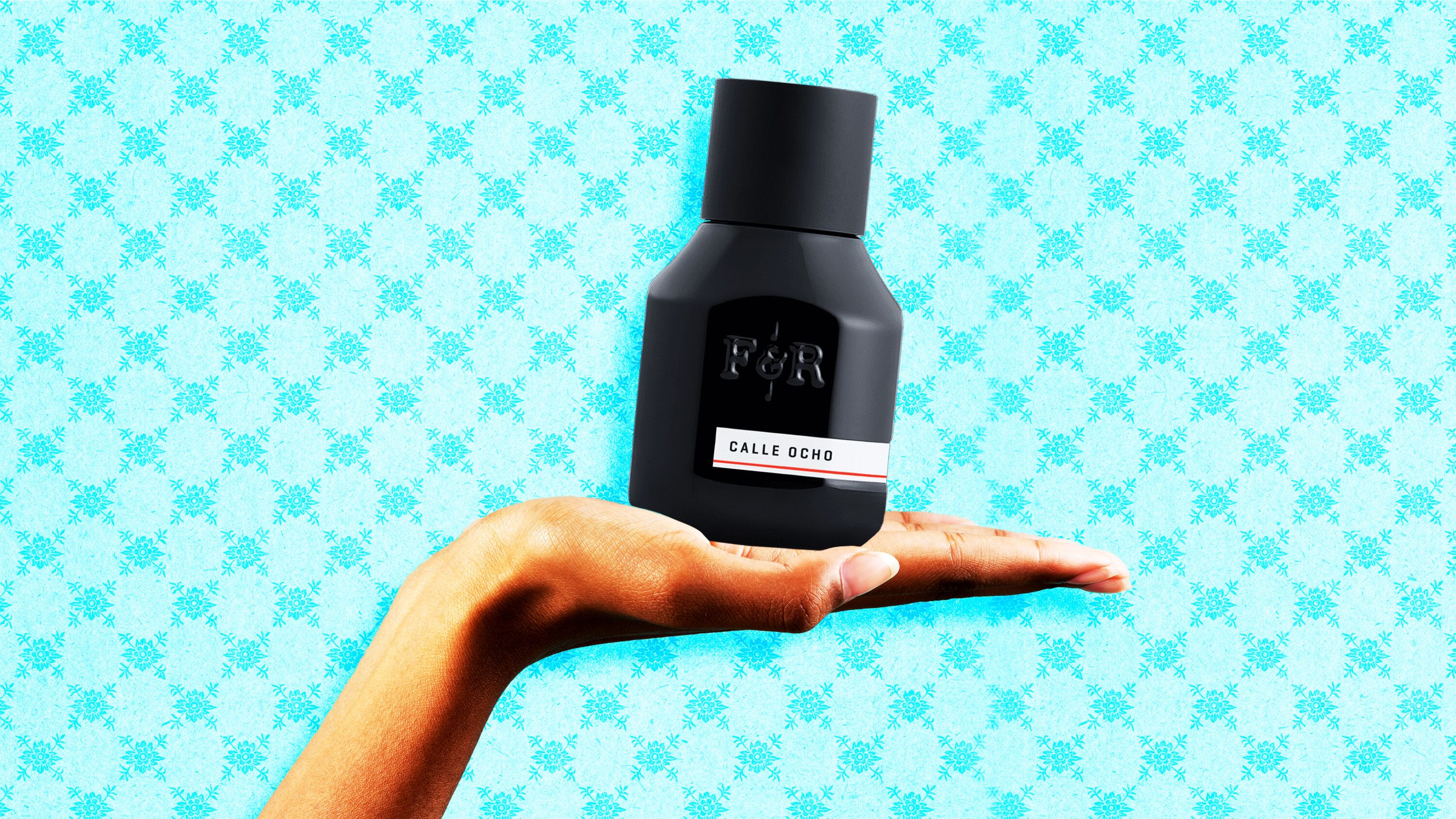 Calle Ocho perfume on a blue patterned background