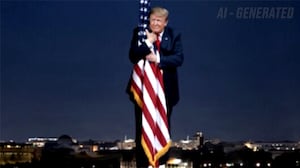 AI image of Trump embracing an oversized American flag in front of the Washington Monument.