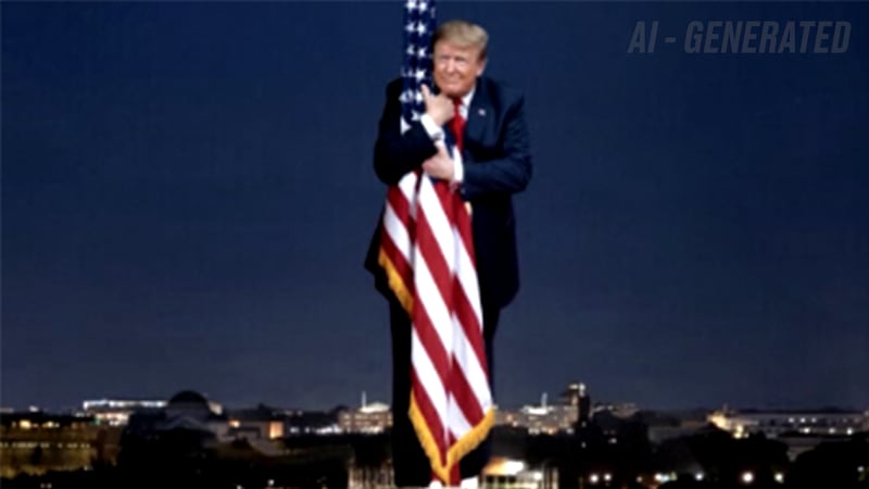 AI image of Trump embracing an oversized American flag in front of the Washington Monument.