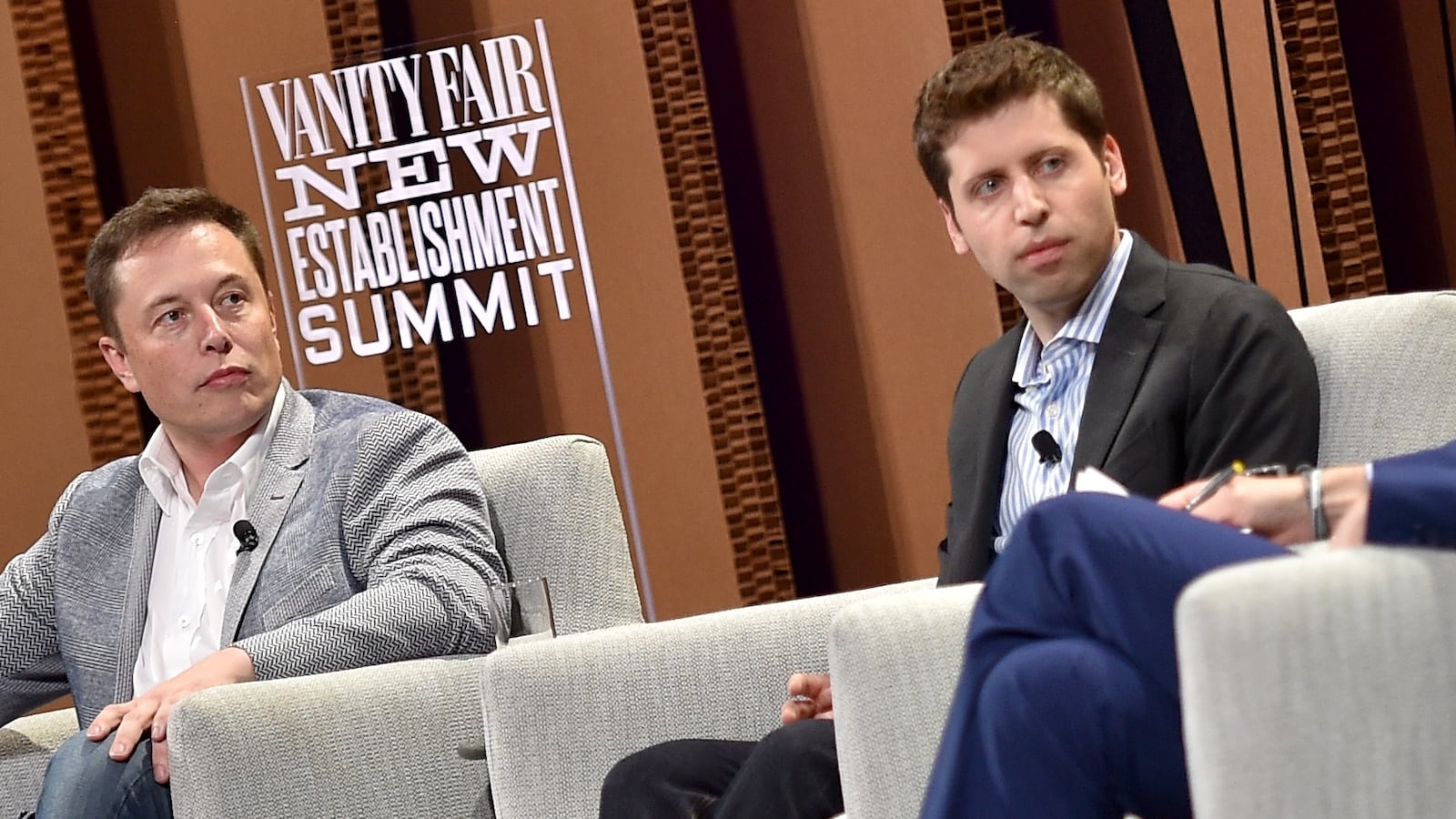 (L-R) Tesla Motors CEO and Product Architect Elon Musk, Y Combinator President Sam Altman and The New York Times Financial Columnist Andrew Ross Sorkin speak onstage during "What Will They Think of Next? Talking About Innovation" at the Vanity Fair New Establishment Summit at Yerba Buena Center for the Arts on October 6, 2015 in San Francisco, California.