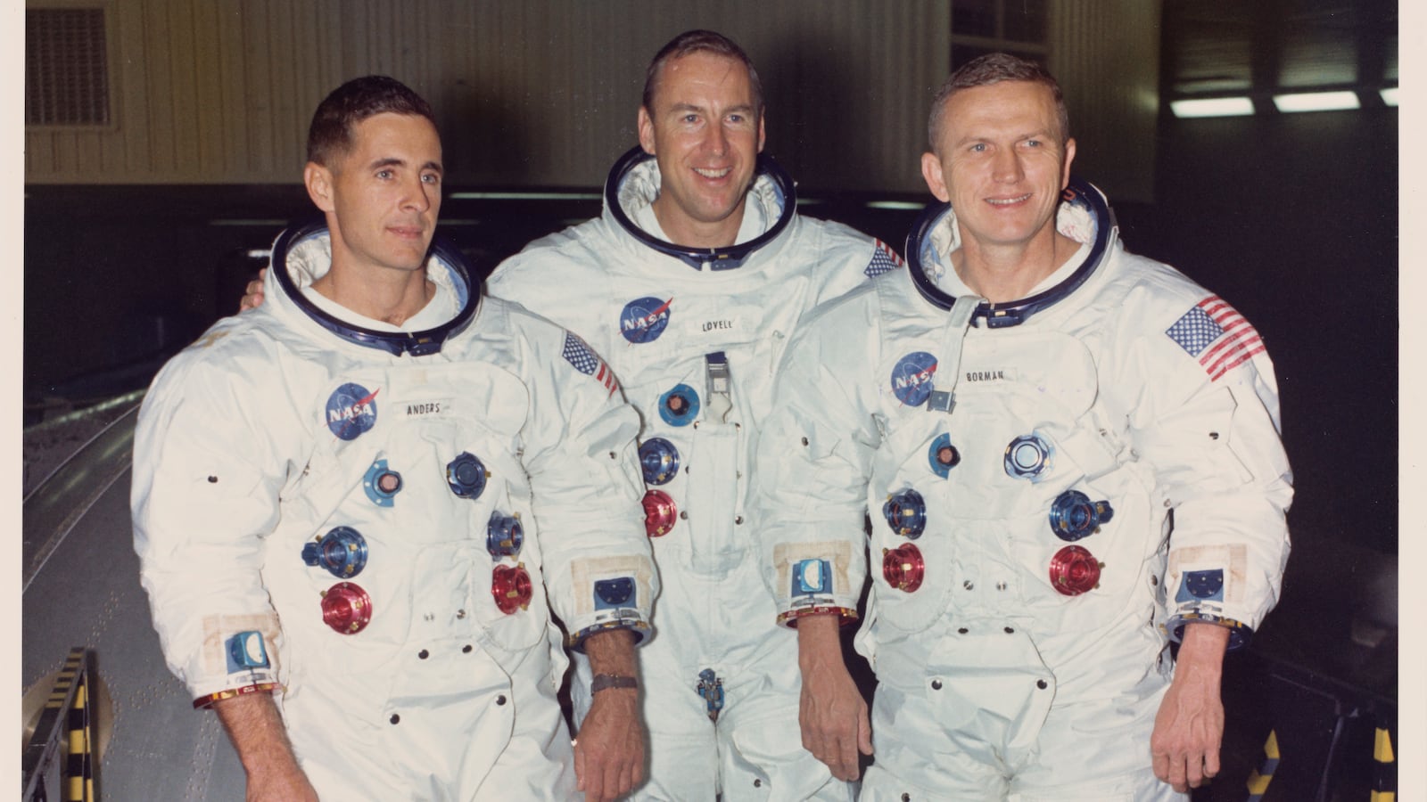 The prime crew of the Apollo 8 mission in 1968. From left to right, they are Lunar Module Pilot William A Anders, Command Module Pilot James A Lovell Jr, and Commander Frank F Borman II