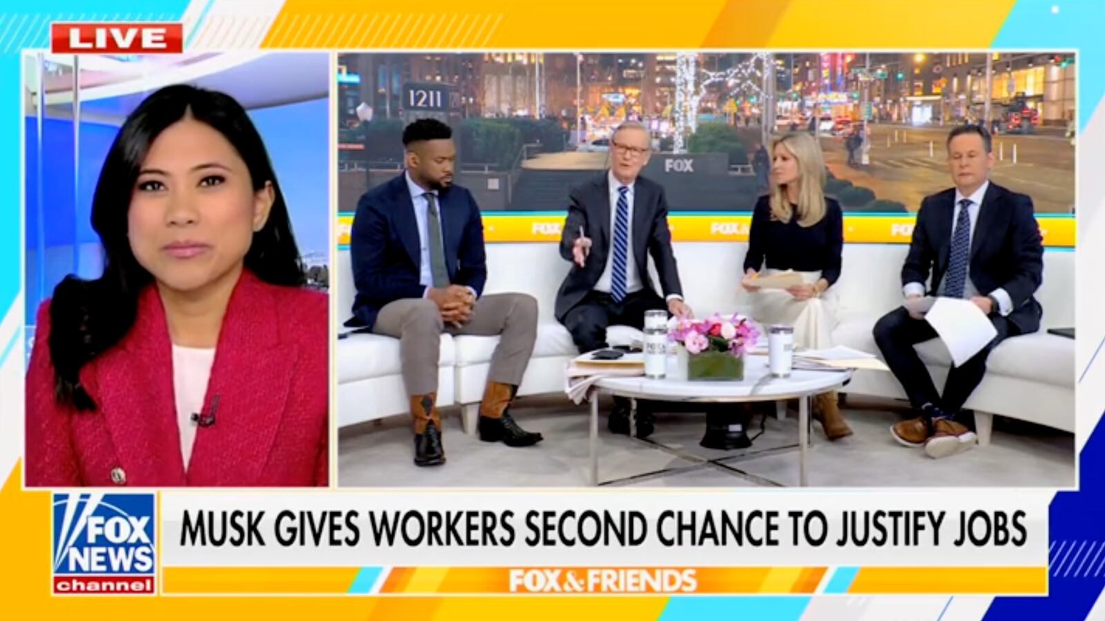 The cohosts of Fox & Friends speak to Fox News correspondent Madeleine Rivera on February 25, 2025.