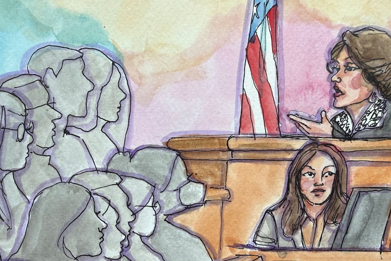 U.S. District Judge Yvonne Gonzalez Rogers gestures to the jury as the verdict is read at Elon Musk's lawsuit trial over OpenAI's for-profit conversion at a federal courthouse in Oakland, California, U.S., May 18, 2026 in a courtroom sketch.  REUTERS/Vicki Behringer.  NO RESALES. NO ARCHIVES