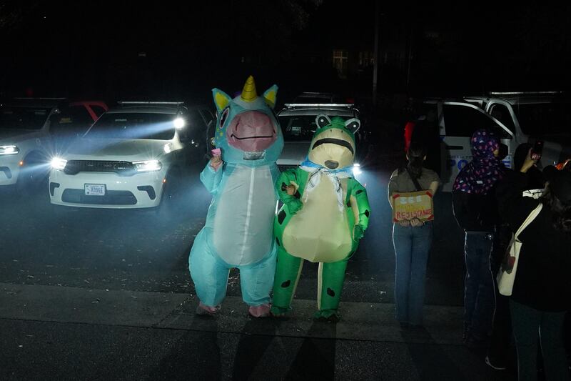 Protesters in costume and otherwise demonstrate as police officers stand guard outside the Department of Homeland Security office on November 16, 2025 in Charlotte, North Carolina.