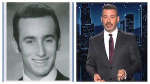 Jimmy Kimmel Live! Split image of Stephen Miller's yearbook photo and Jimmy Kimmel.
