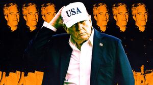 A photo illustration of President Donald Trump in front of a row of orange Jeffrey Epsteins.