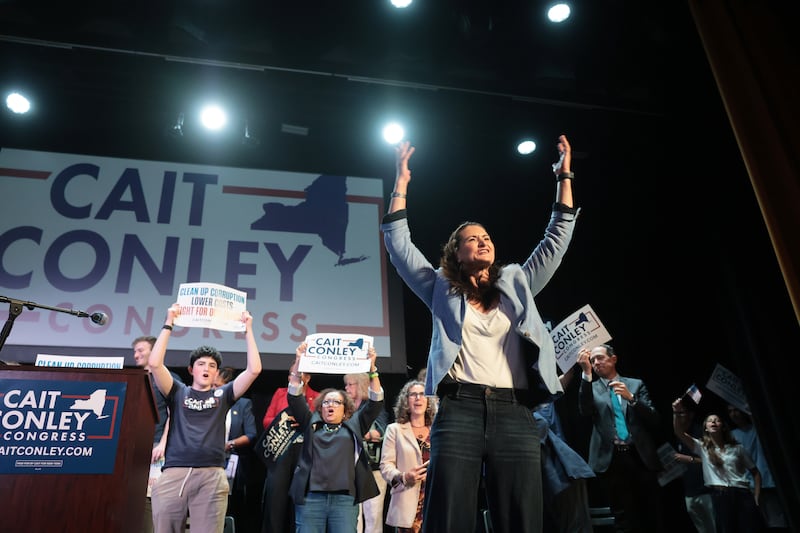 TARRYTOWN, NEW YORK - SEPTEMBER 16: Cait Conley, who is challenging U.S. Representative Mike Lawler to represent New York’s 17th Congressional District, speaks to supporters on September 16, 2026 in Tarrytown, New York. The district in the Lower Hudson Valley is one of three Republican-held seats experts believe is in contention this year. It is also becoming one of the country's most closely watched races, as Democrats look to flip control of the House and Senate in November’s midterm elections. (Photo by Spencer Platt/Getty Images)