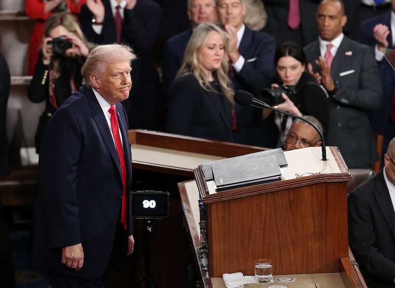 WASHINGTON, DC - FEBRUARY 24: U.S. President Donald Trump concludes his State of the Union address during a Joint Session of Congress at the U.S. Capitol on February 24, 2026, in Washington, DC. Trump delivered his address days after the Supreme Court struck down the administration's tariff strategy and amid a U.S. military buildup in the Persian Gulf threatening Iran. (Photo by Win McNamee/Getty Images)
