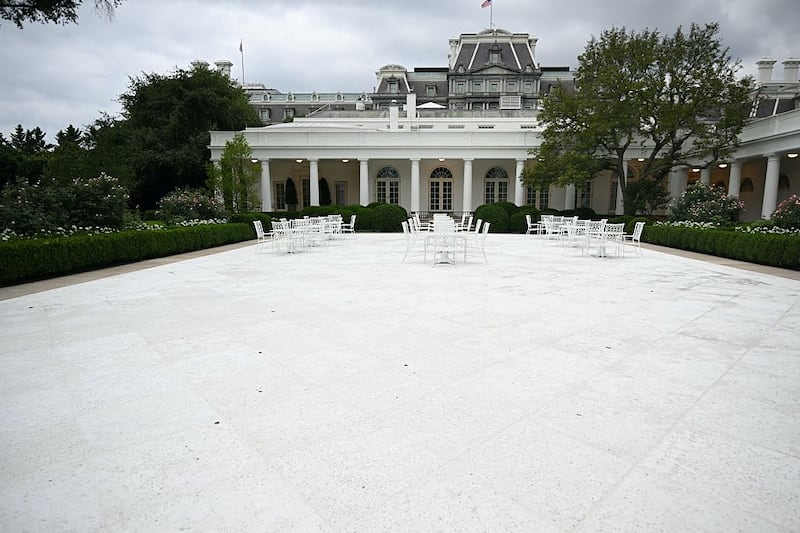 View of the newly paved Rose Garden is seen at the White House in Washington, DC, on August 1, 2025. US President Donald Trump converted the grass portion of the Rose Garden into a patio space, inspired by his Mar-a-Lago club in Florida. (Photo by Jim WATSON / AFP) (Photo by JIM WATSON/AFP via Getty Images)