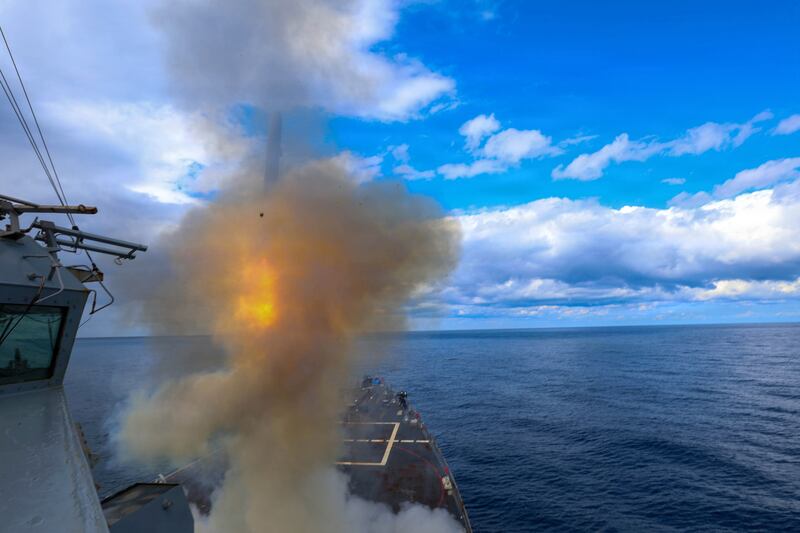 AT SEA, UNSPECIFIED - MARCH 1: (EDITOR'S NOTE: This Handout image was provided by a third-party organization and may not adhere to Getty Images' editorial policy.) In this U.S. Navy released handout,  Arleigh Burke-class guided-missile destroyer USS Thomas Hudner (DDG 116) fires a Tomahawk land attack missile in support of Operation Epic Fury, on March 1, 2026 at Sea. Iran's Supreme Leader, Ayatollah Ali Khamenei, was confirmed killed after the United States and Israel launched a joint attack on Iran on February 28. Iran retaliated by firing waves of missiles and drones at Israel, and targeting U.S. allies in the region. (Photo by U.S. Navy via Getty Images)