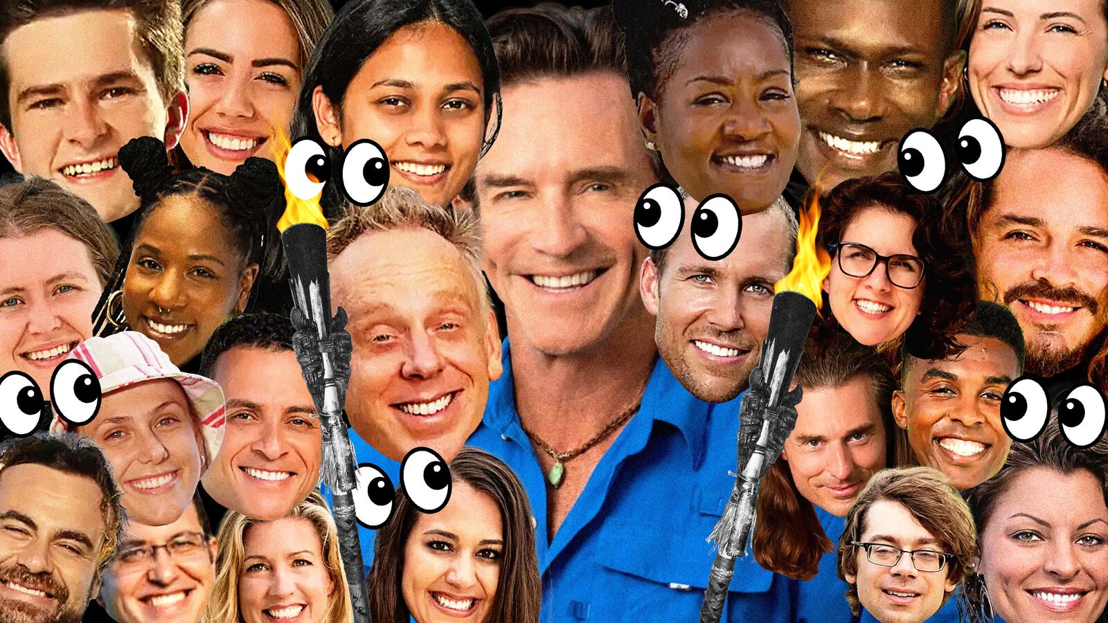 Cast of Survivor 50 with side eyes and torches