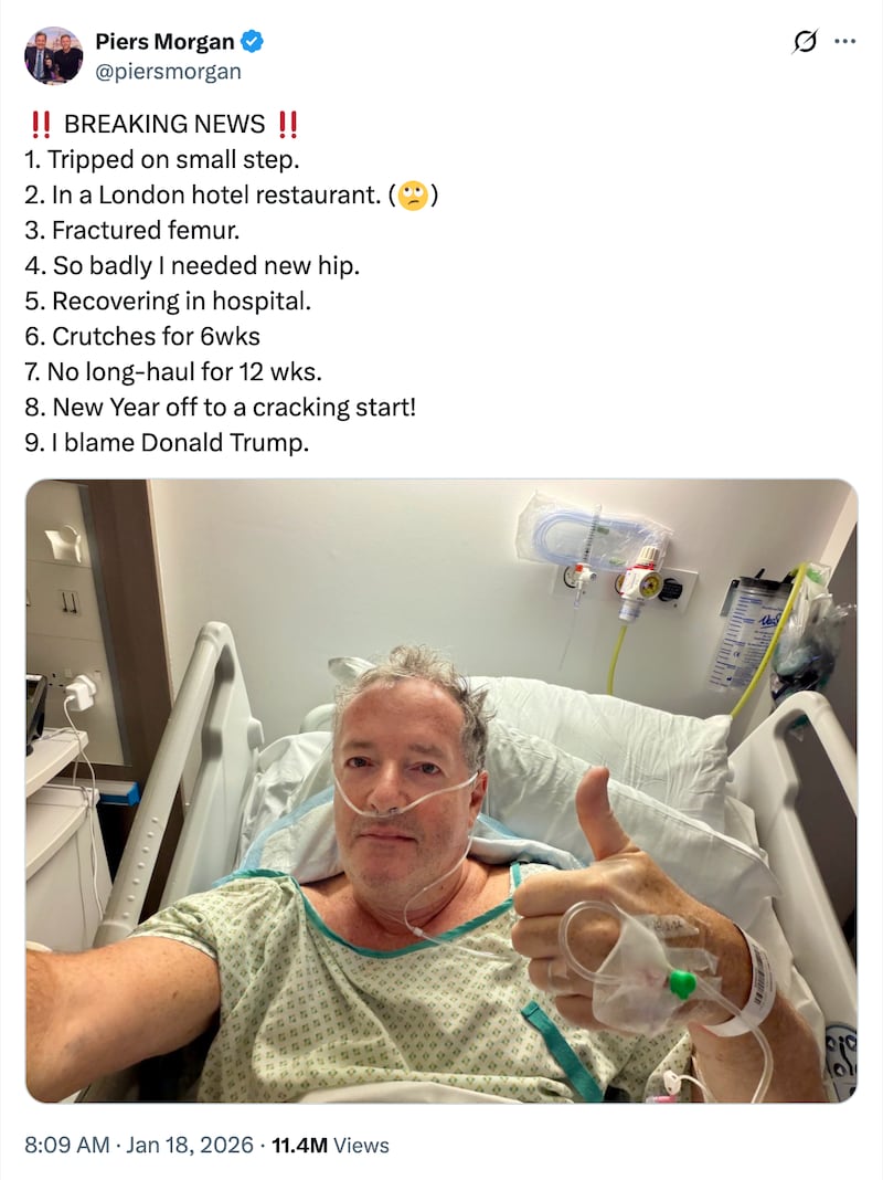 Piers Morgan shared a selfie from a hospital bed after he fell and broke his femur last month.