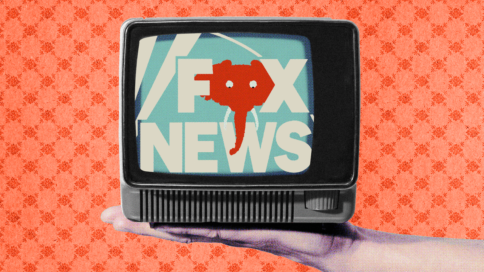 Photo illustration of a tv with the fox news logo and an elephant rolling its eyes as the "o"