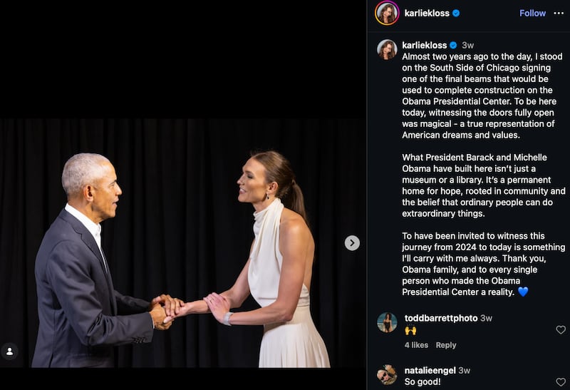 Karlie Kloss praises Barack Obama on Instagram.