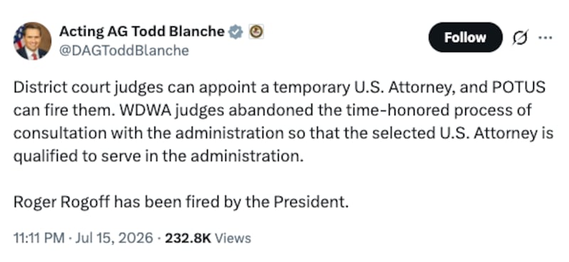 Todd Blanche's statement on X.com.