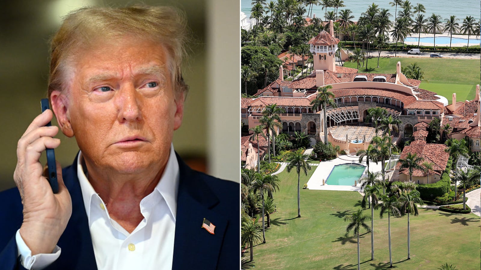 Donald Trump split with aerial view of Mar-a-Lago